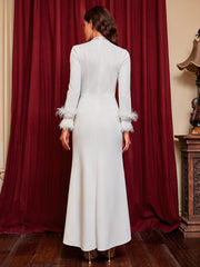 White Deep V-Neck Feather Dress