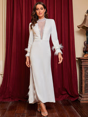 White Deep V-Neck Feather Dress