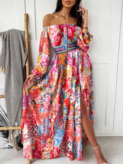Strapless Long Sleeve Print Dress