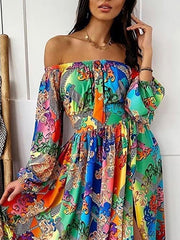 Strapless Long Sleeve Print Dress