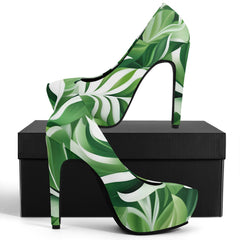 5 inch green tropical palm platform heels