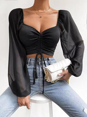 Drawstring Chiffon Crop Top