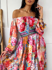 Strapless Long Sleeve Print Dress