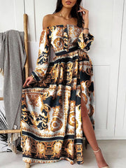 Strapless Long Sleeve Print Dress