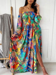 Strapless Long Sleeve Print Dress